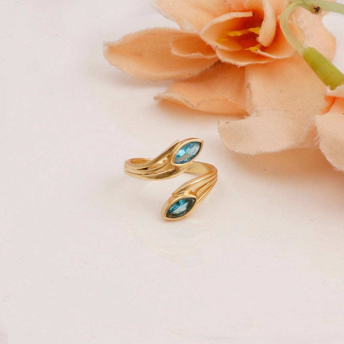 Blue Topaz Ring, Marquise Shape Gemstone Ring, Gold Plated Adjustable Statement Ring