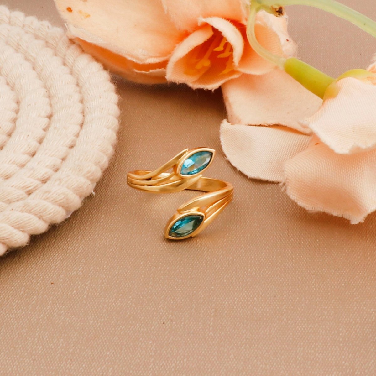 Blue Topaz Ring, Marquise Shape Gemstone Ring, Gold Plated Adjustable Statement Ring
