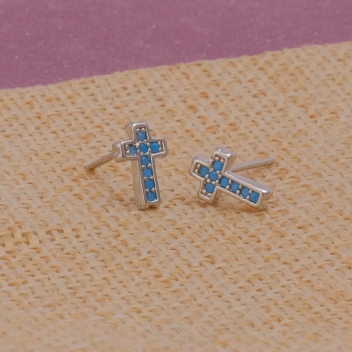 Blue Turquoise Gemstone Stud Earrings Tiny Christian Jewelry Silver Plated Jewelry