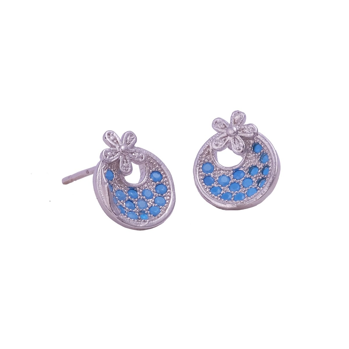 Blue Turquoise Gemstone Stud Earrings Tiny Moon with Flower Earrings Silver Plated Jewelry