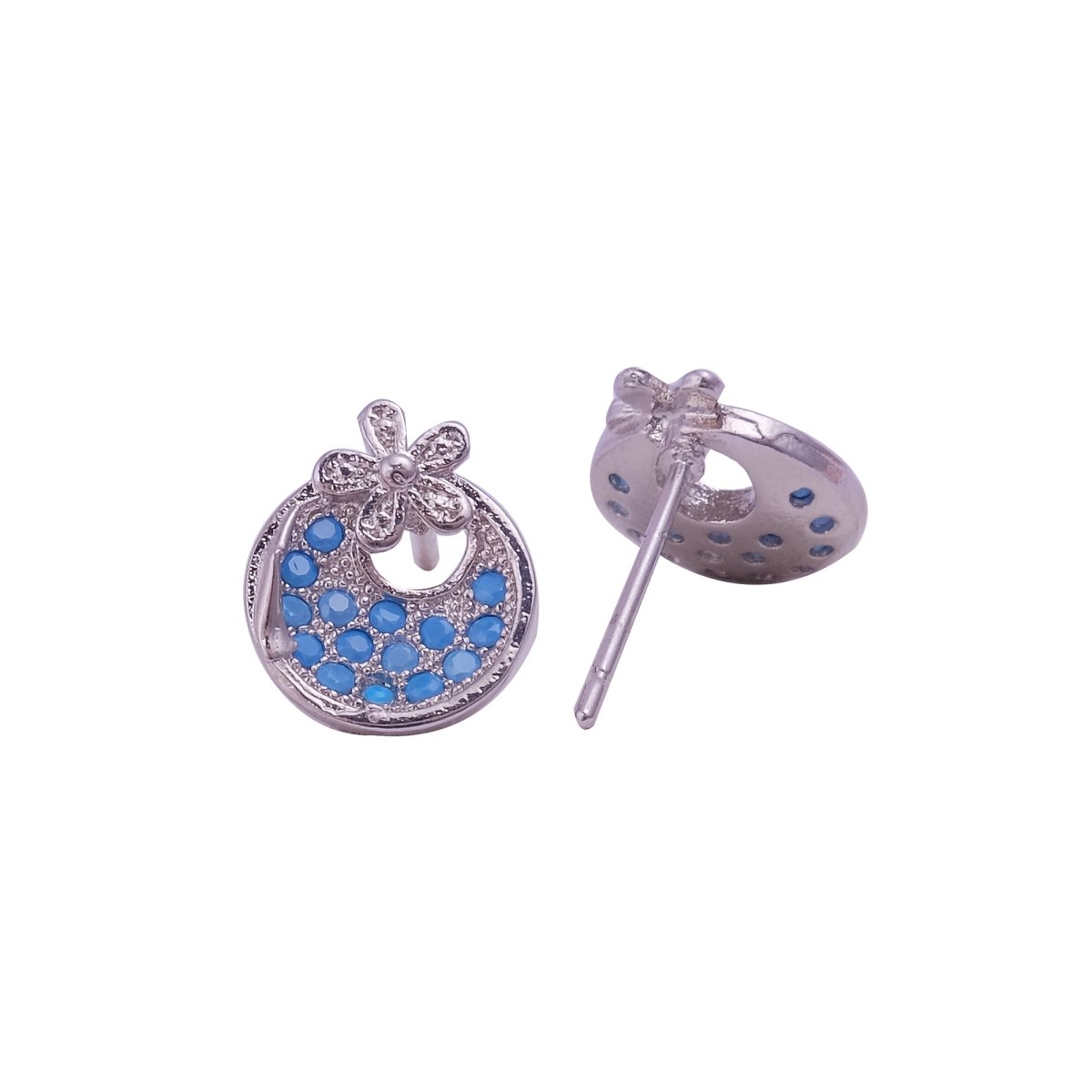 Blue Turquoise Gemstone Stud Earrings Tiny Moon with Flower Earrings Silver Plated Jewelry