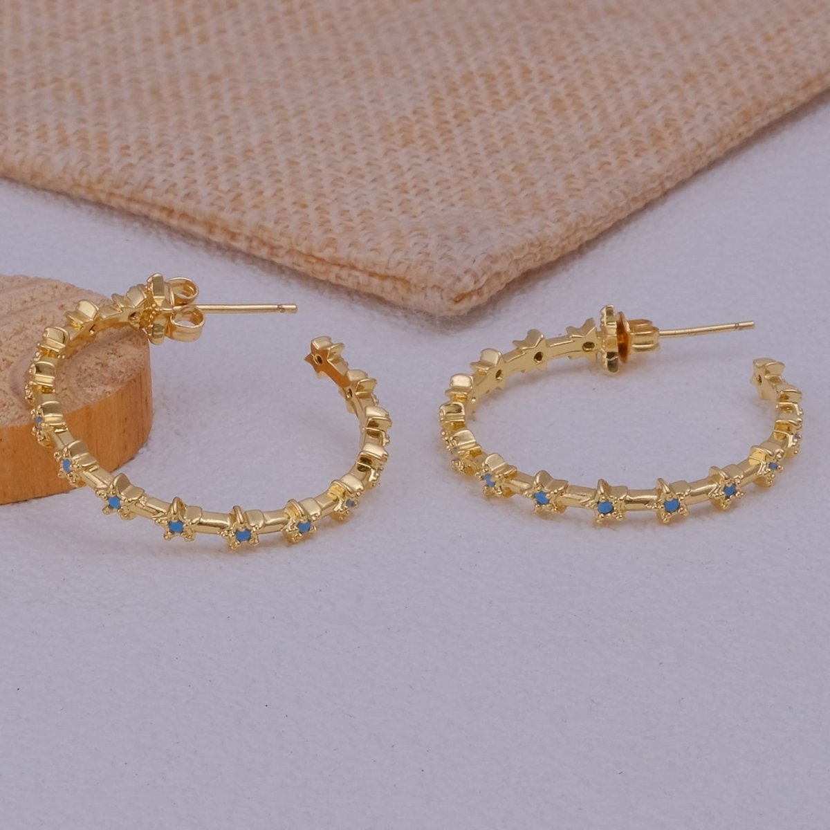 Blue Turquoise Star Hoop Stud Earrings Gold Plated Jewelry