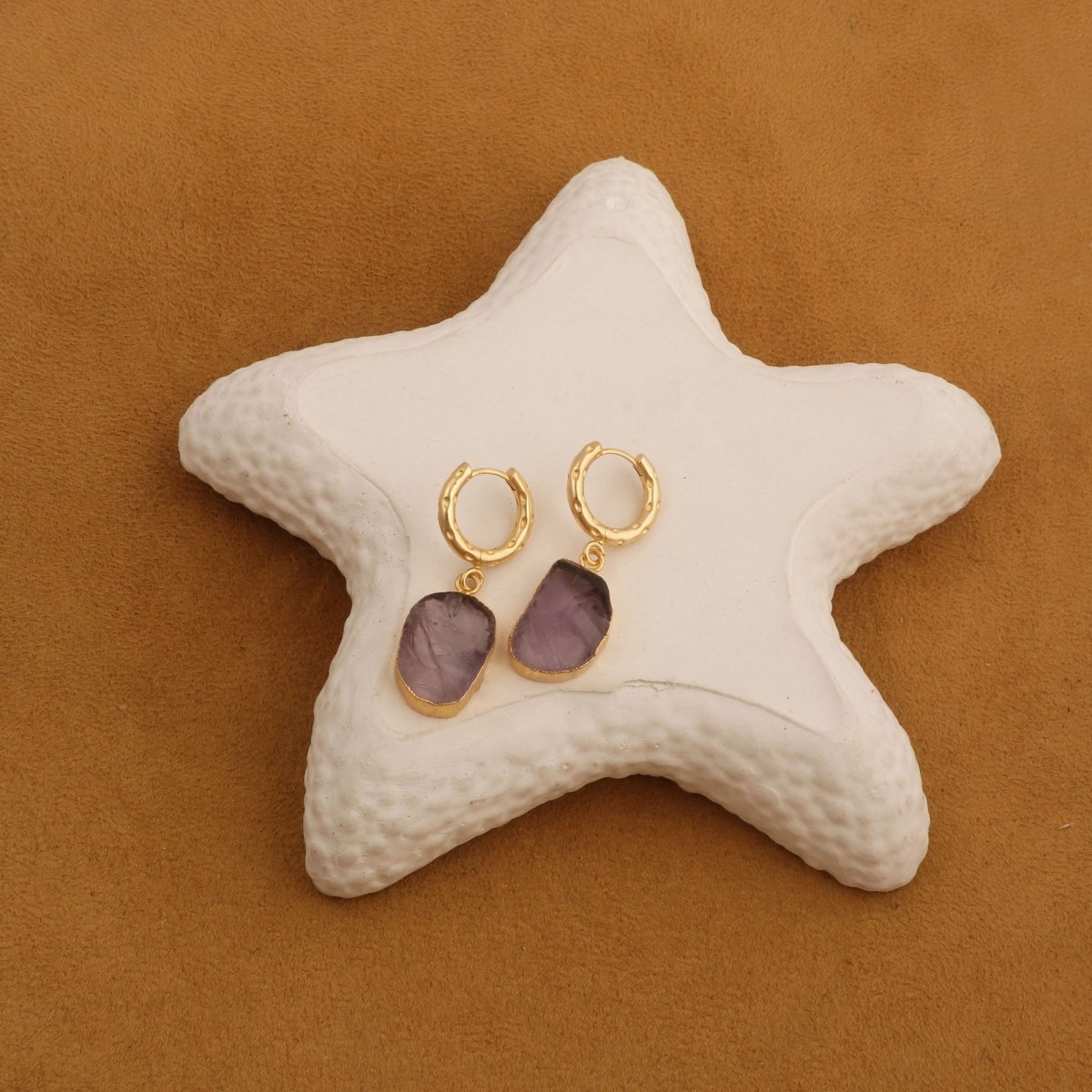 Boho Gold Hoop Earrings, Raw Natural Purple Amethyst Jewelry Minimalist Earrings 5216