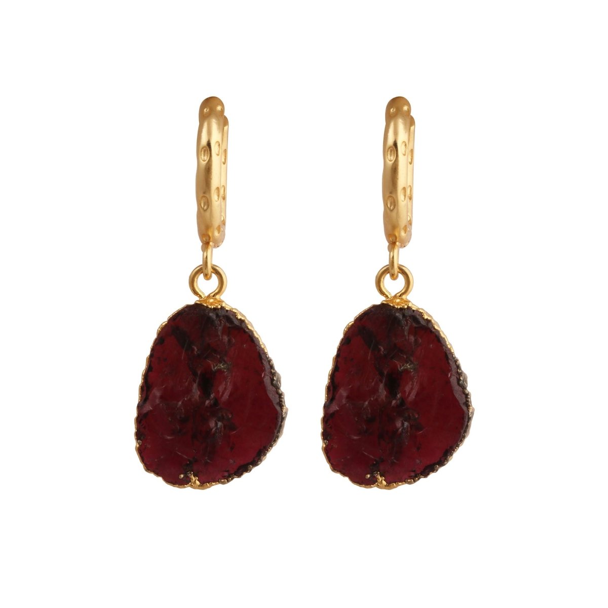 Boho Gold Hoop Earrings, Raw Natural Purple Amethyst Jewelry Minimalist Earrings 5216 Red Garnet