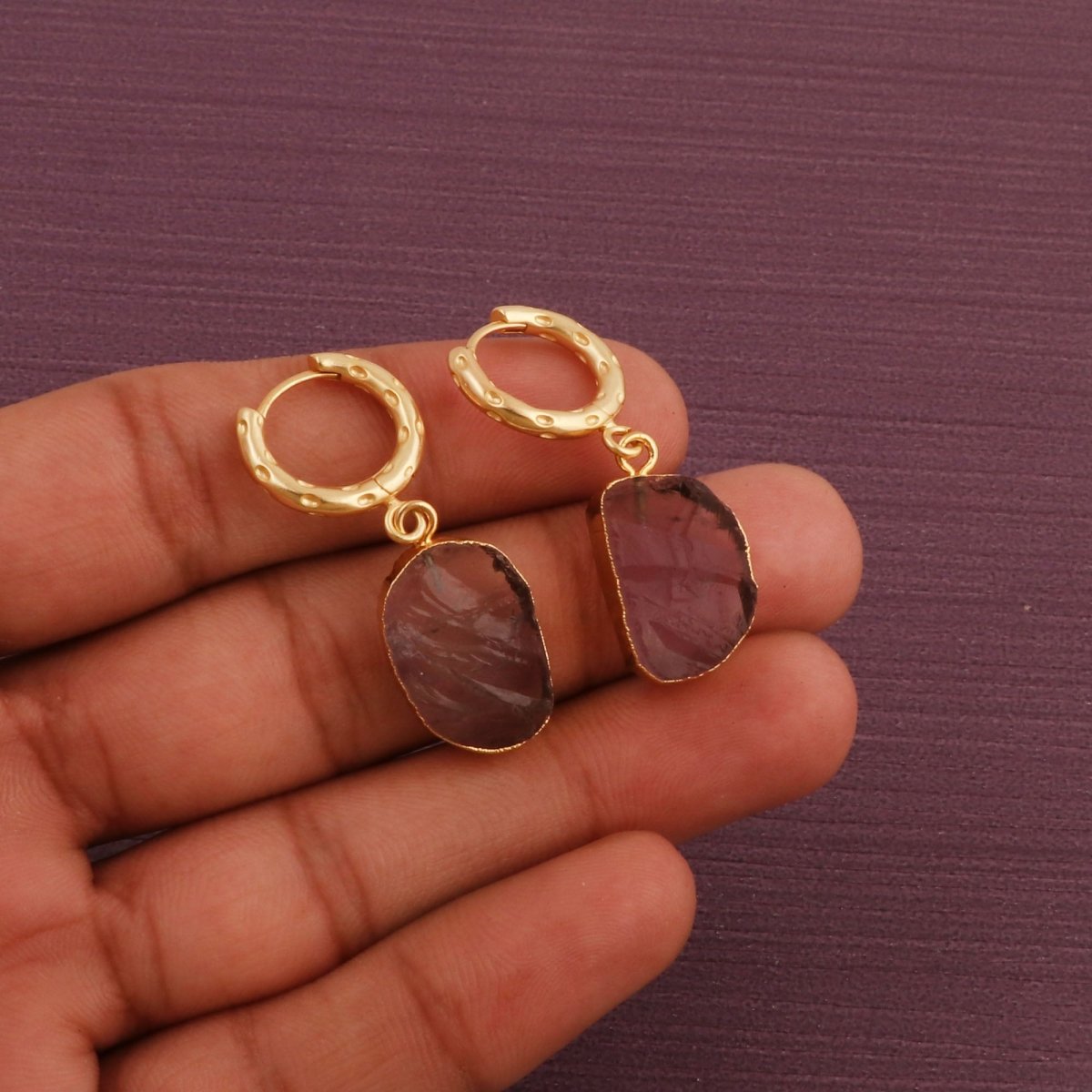 Boho Gold Hoop Earrings, Raw Natural Purple Amethyst Jewelry Minimalist Earrings 5216