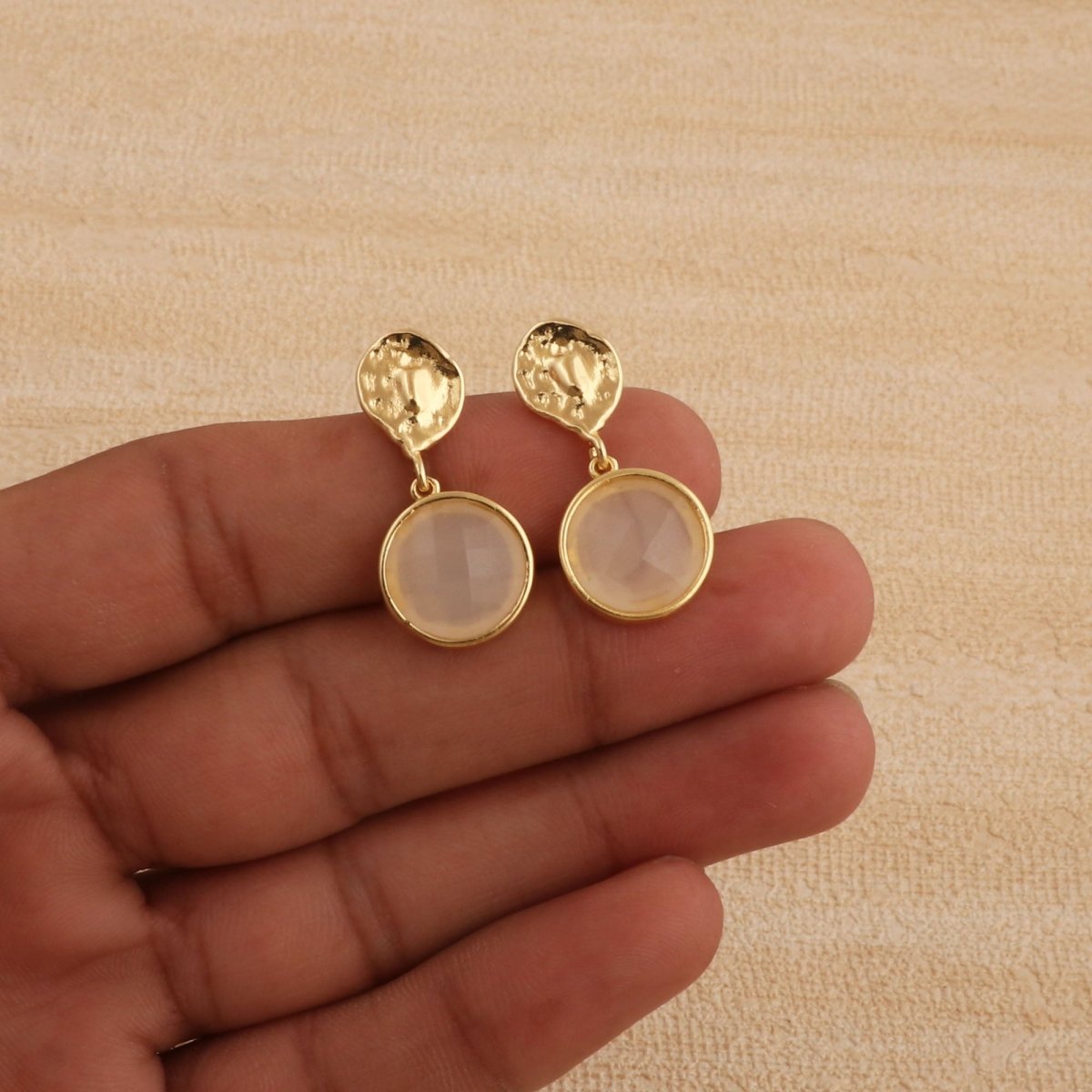 Boho Hammered Gold Plated & Gemstone White Moonstone Drop Earrings CE - 1038