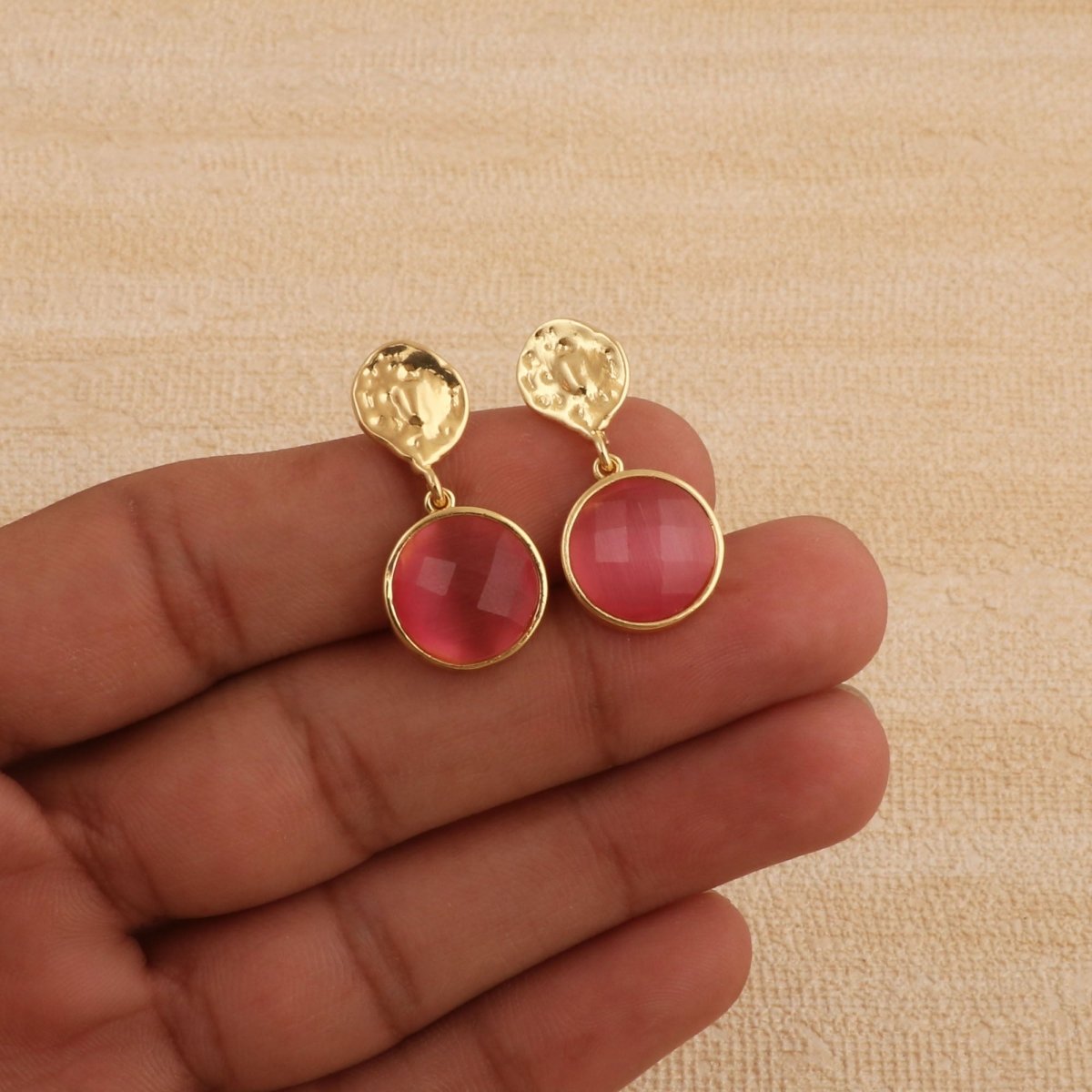 Boho Hammered Gold Plated & Gemstone White Moonstone Drop Earrings CE - 1038