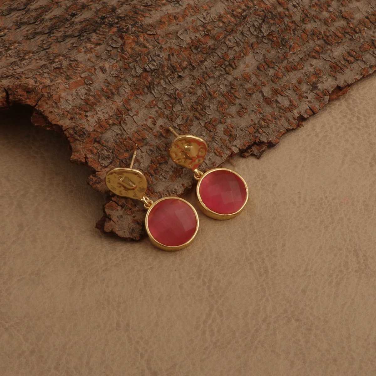 Boho Hammered Gold Plated & Gemstone White Moonstone Drop Earrings CE - 1038