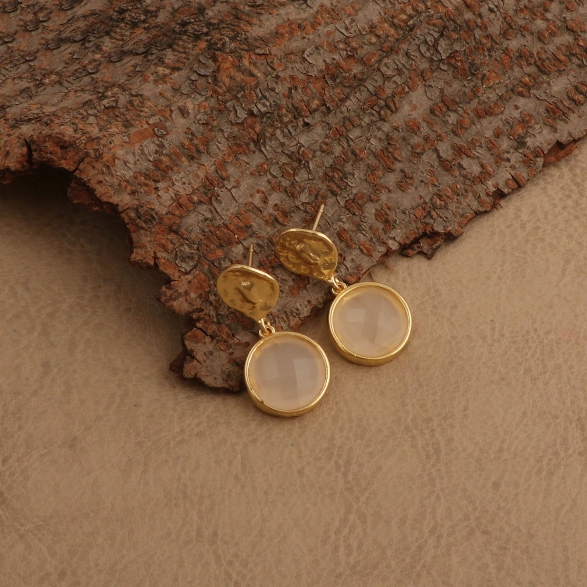 Boho Hammered Gold Plated & Gemstone White Moonstone Drop Earrings CE - 1038
