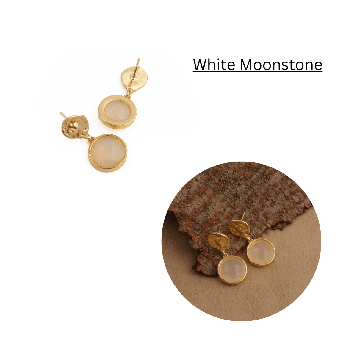Boho Hammered Gold Plated & Gemstone White Moonstone Drop Earrings CE - 1038