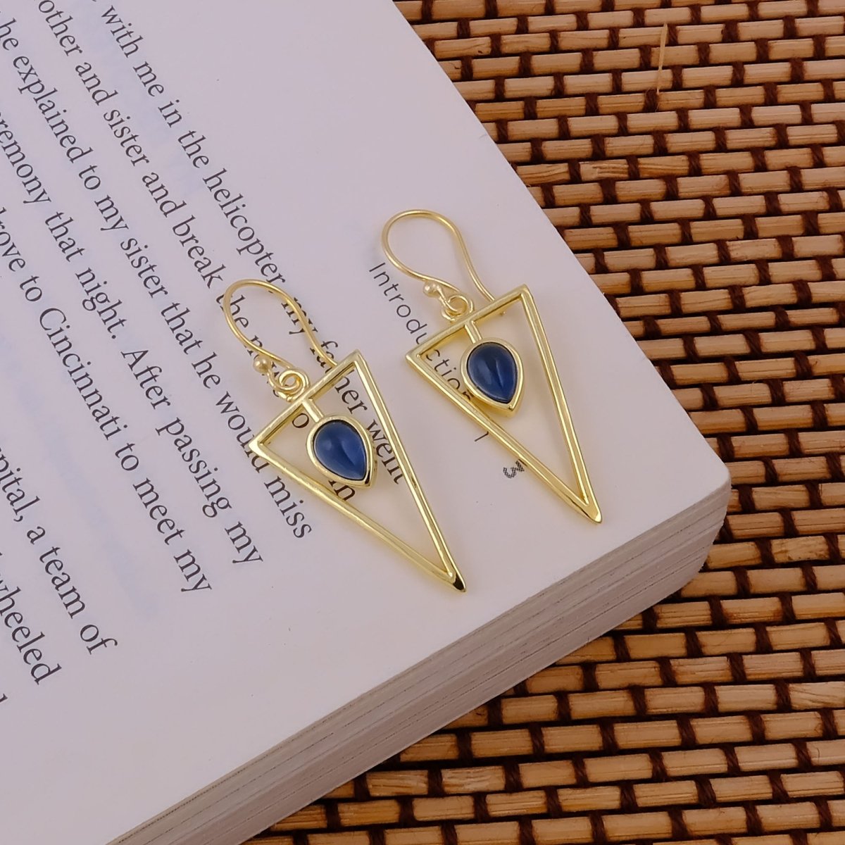 Boho Minimalist Gold Triangle Dangle Earrings, Teardrop Emerald Gemstone CE - 1032
