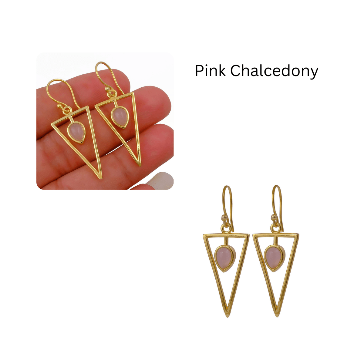 Boho Minimalist Gold Triangle Dangle Earrings, Teardrop Emerald Gemstone CE - 1032