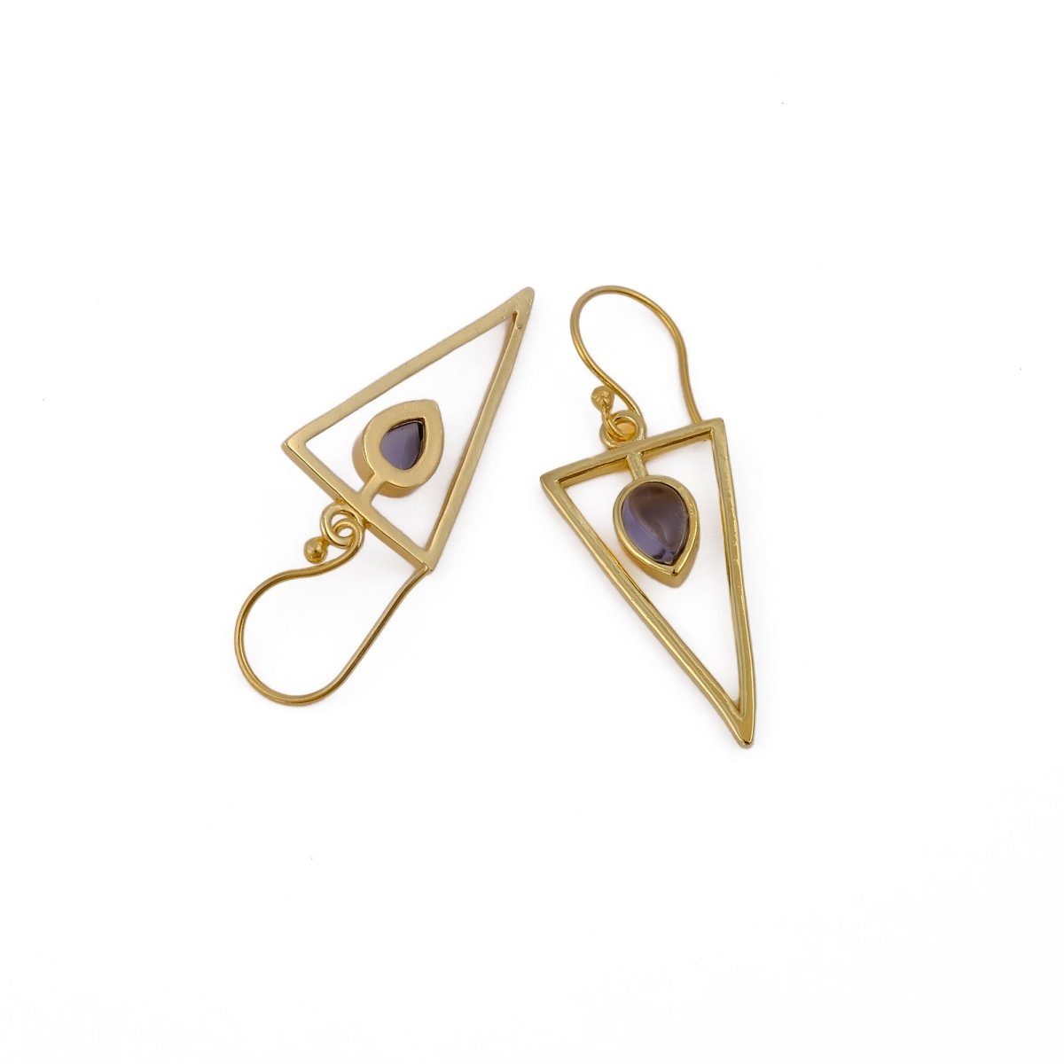 Boho Minimalist Gold Triangle Dangle Earrings, Teardrop Emerald Gemstone CE - 1032