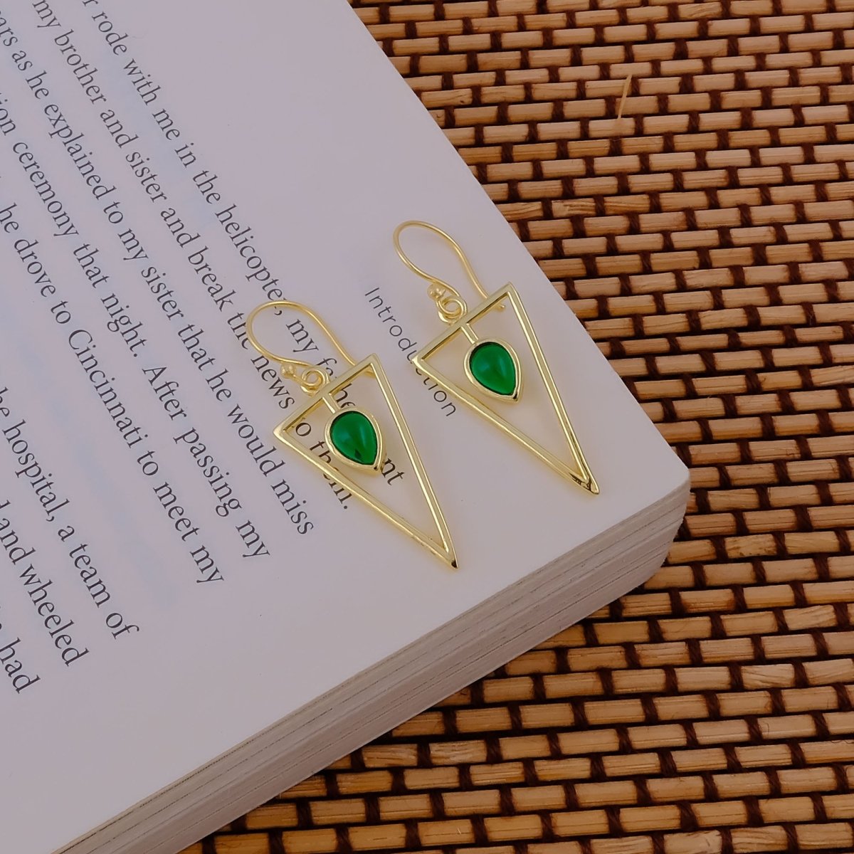 Boho Minimalist Gold Triangle Dangle Earrings, Teardrop Emerald Gemstone CE - 1032