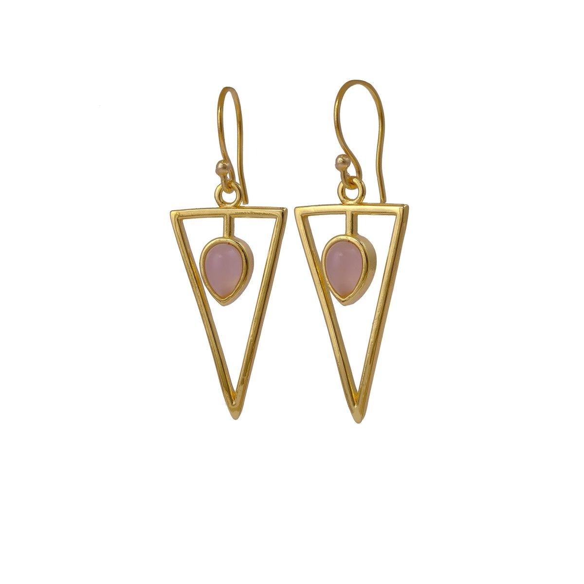 Boho Minimalist Gold Triangle Dangle Earrings, Teardrop Emerald Gemstone CE - 1032