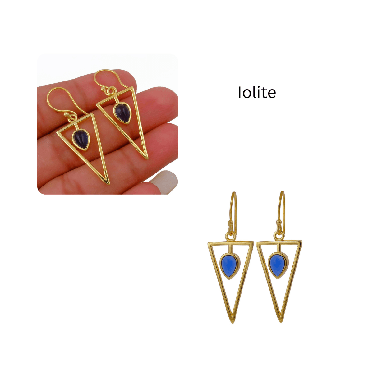 Boho Minimalist Gold Triangle Dangle Earrings, Teardrop Emerald Gemstone CE - 1032