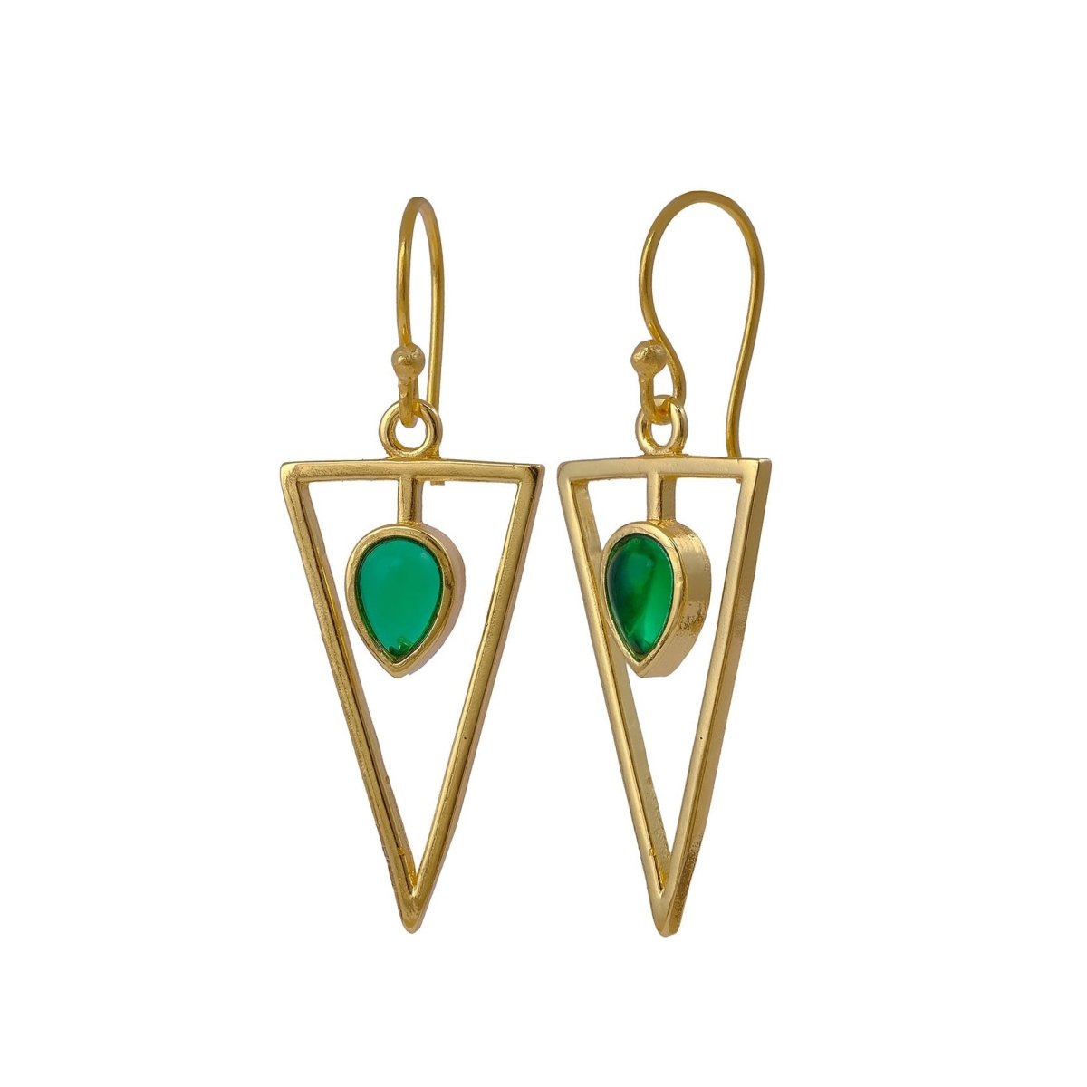 Boho Minimalist Gold Triangle Dangle Earrings, Teardrop Emerald Gemstone CE - 1032