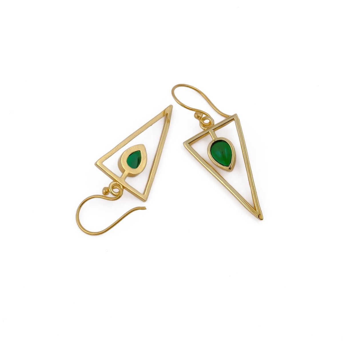 Boho Minimalist Gold Triangle Dangle Earrings, Teardrop Emerald Gemstone CE - 1032