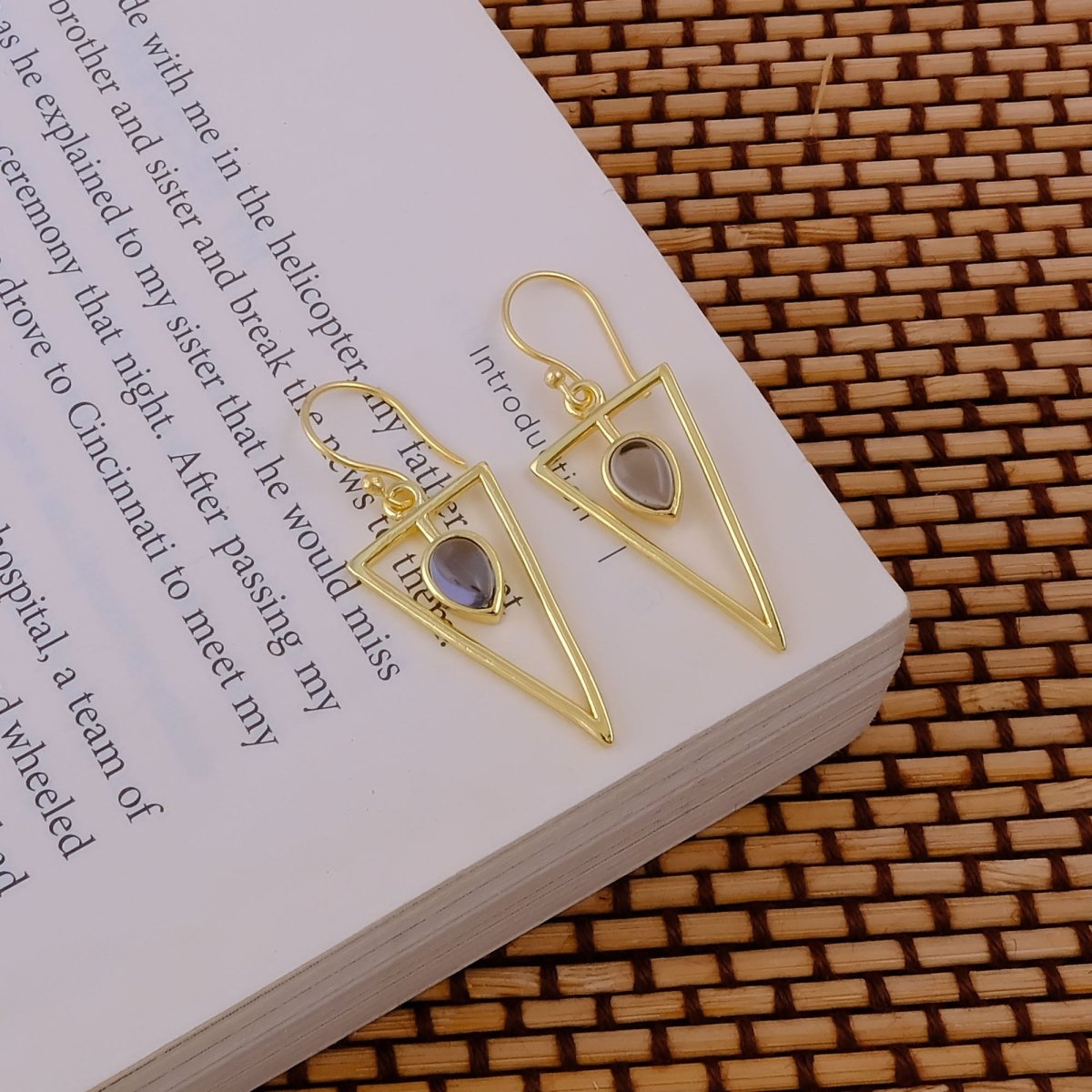 Boho Minimalist Gold Triangle Dangle Earrings, Teardrop Emerald Gemstone CE - 1032