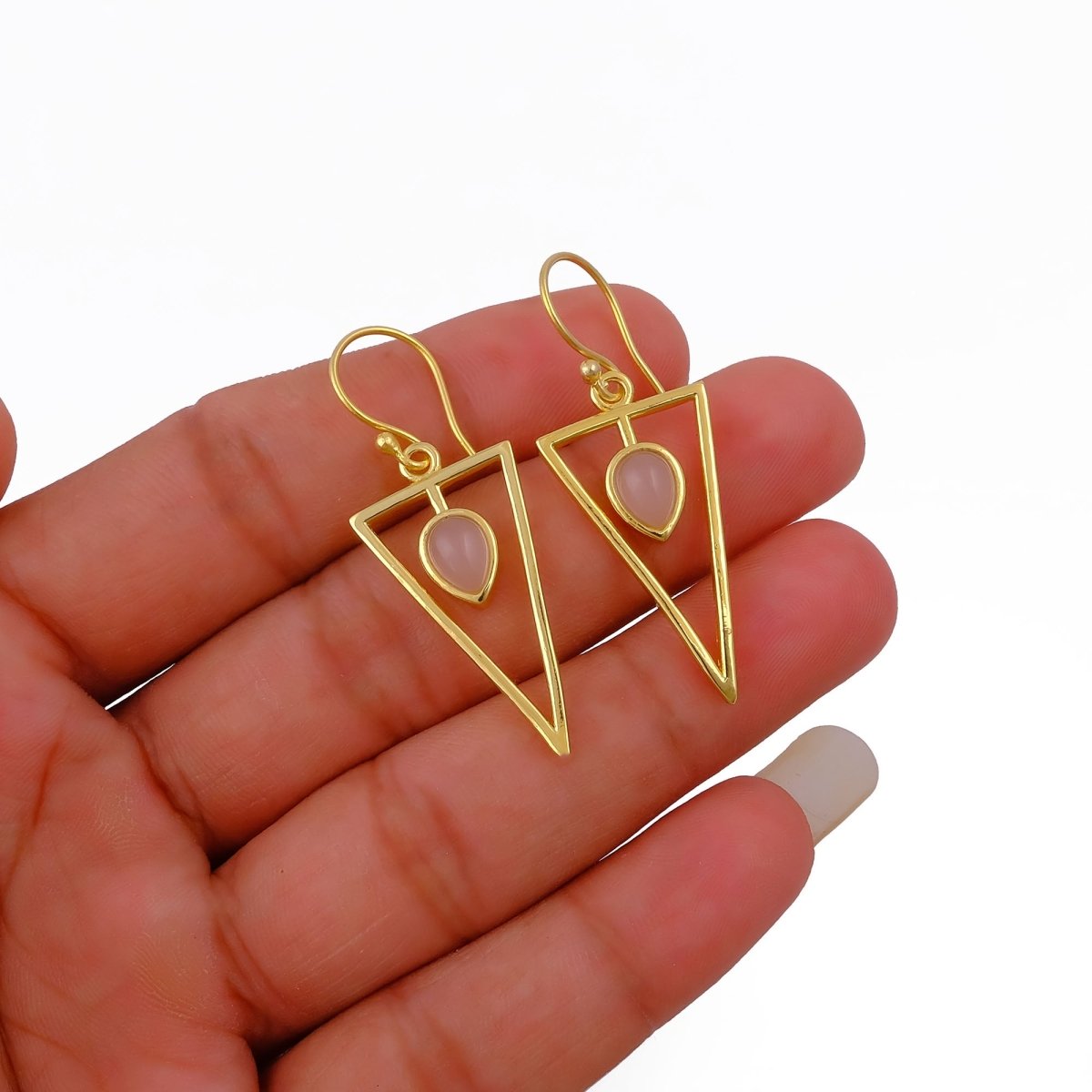 Boho Minimalist Gold Triangle Dangle Earrings, Teardrop Emerald Gemstone CE - 1032