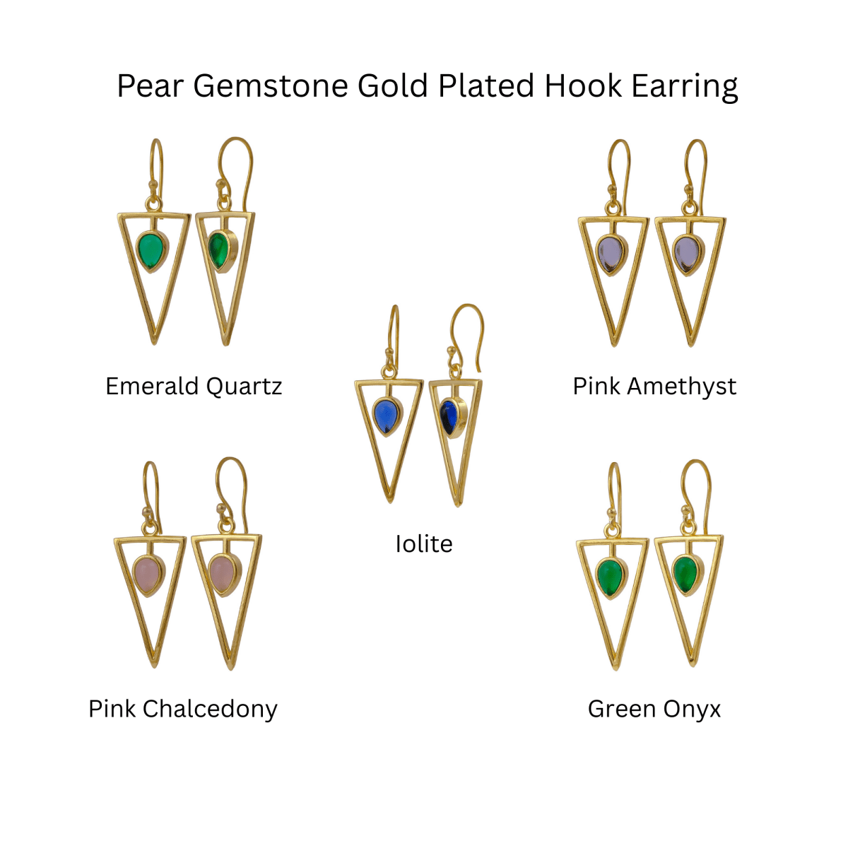 Boho Minimalist Gold Triangle Dangle Earrings, Teardrop Emerald Gemstone CE - 1032