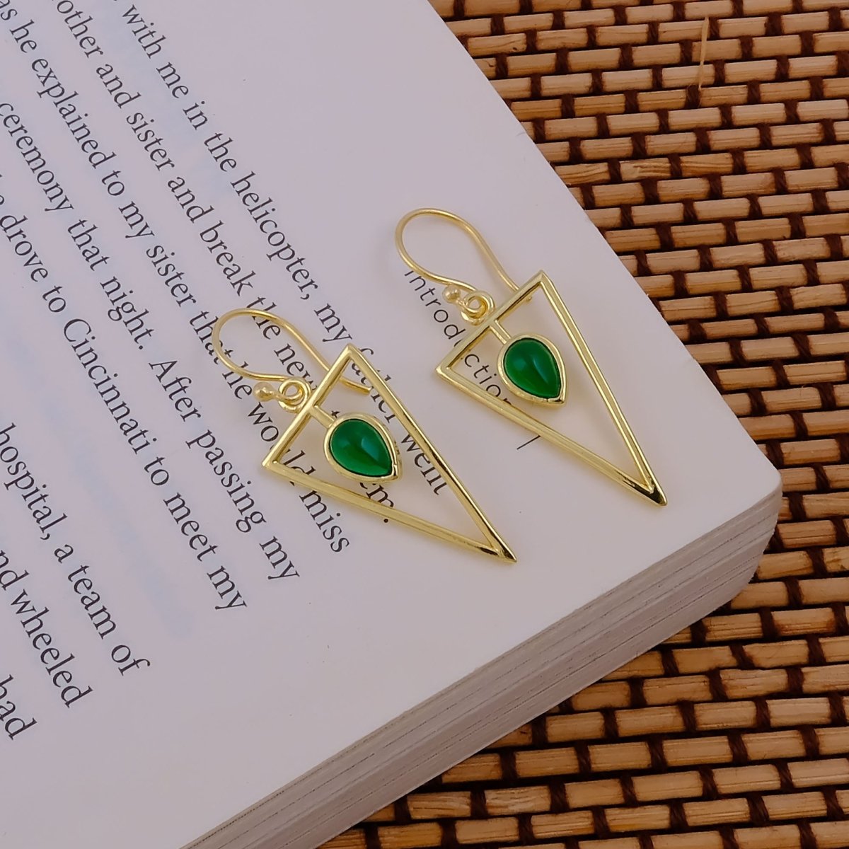 Boho Minimalist Gold Triangle Dangle Earrings, Teardrop Emerald Gemstone CE - 1032