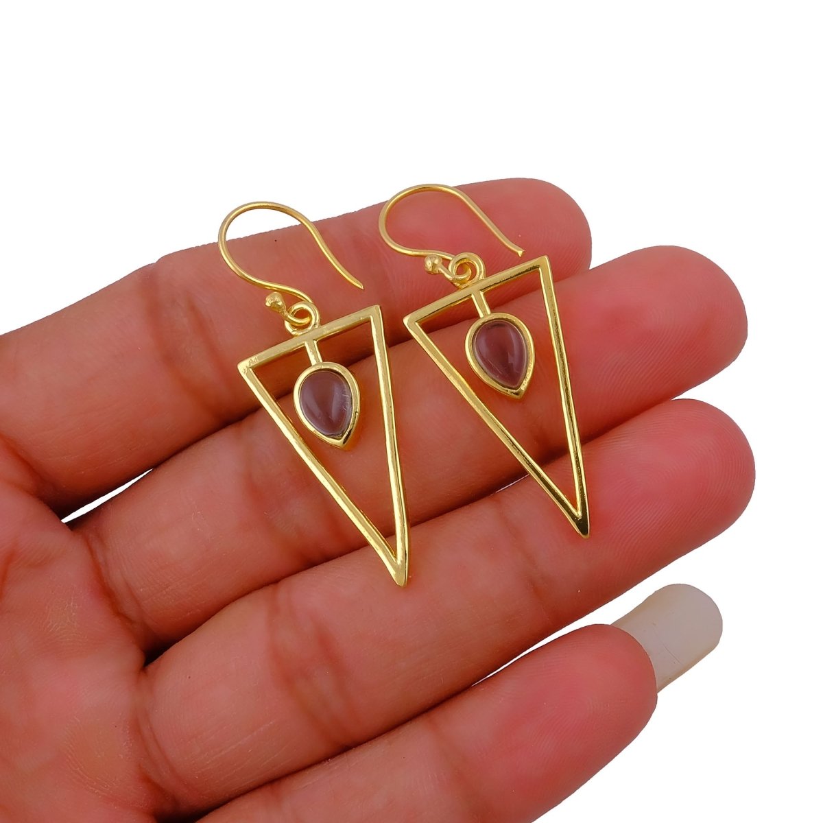 Boho Minimalist Gold Triangle Dangle Earrings, Teardrop Emerald Gemstone CE - 1032
