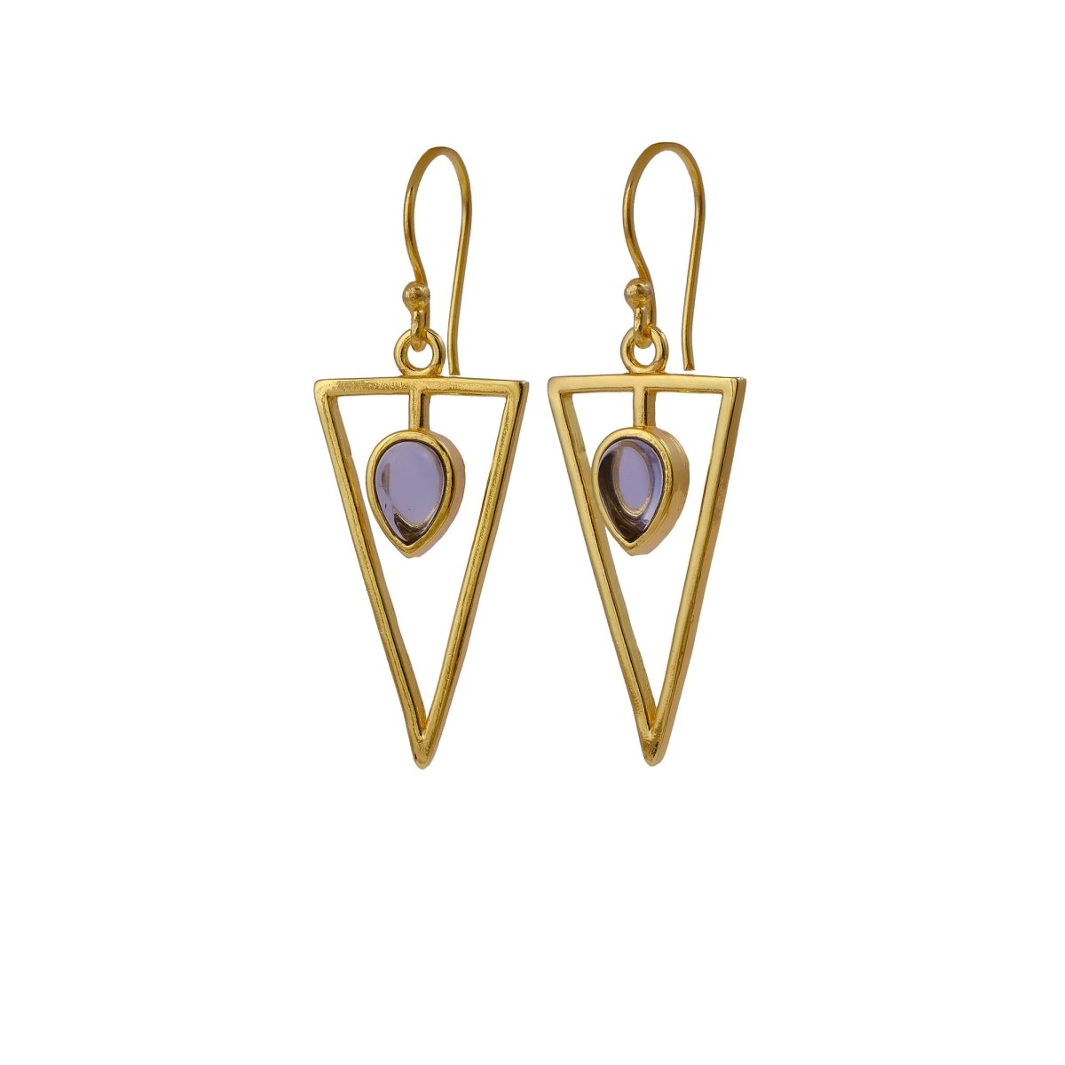 Boho Minimalist Gold Triangle Dangle Earrings, Teardrop Emerald Gemstone CE - 1032