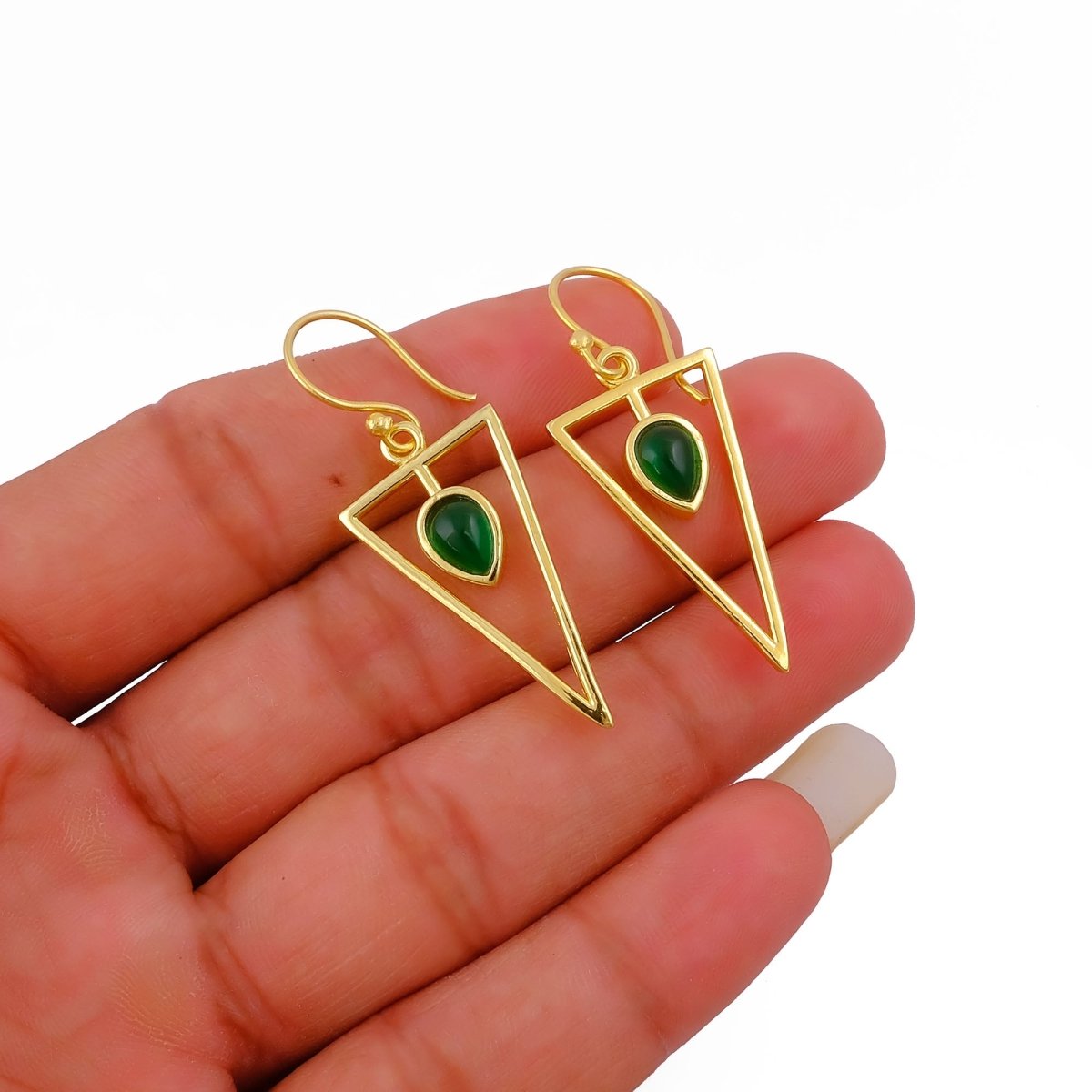 Boho Minimalist Gold Triangle Dangle Earrings, Teardrop Emerald Gemstone CE - 1032