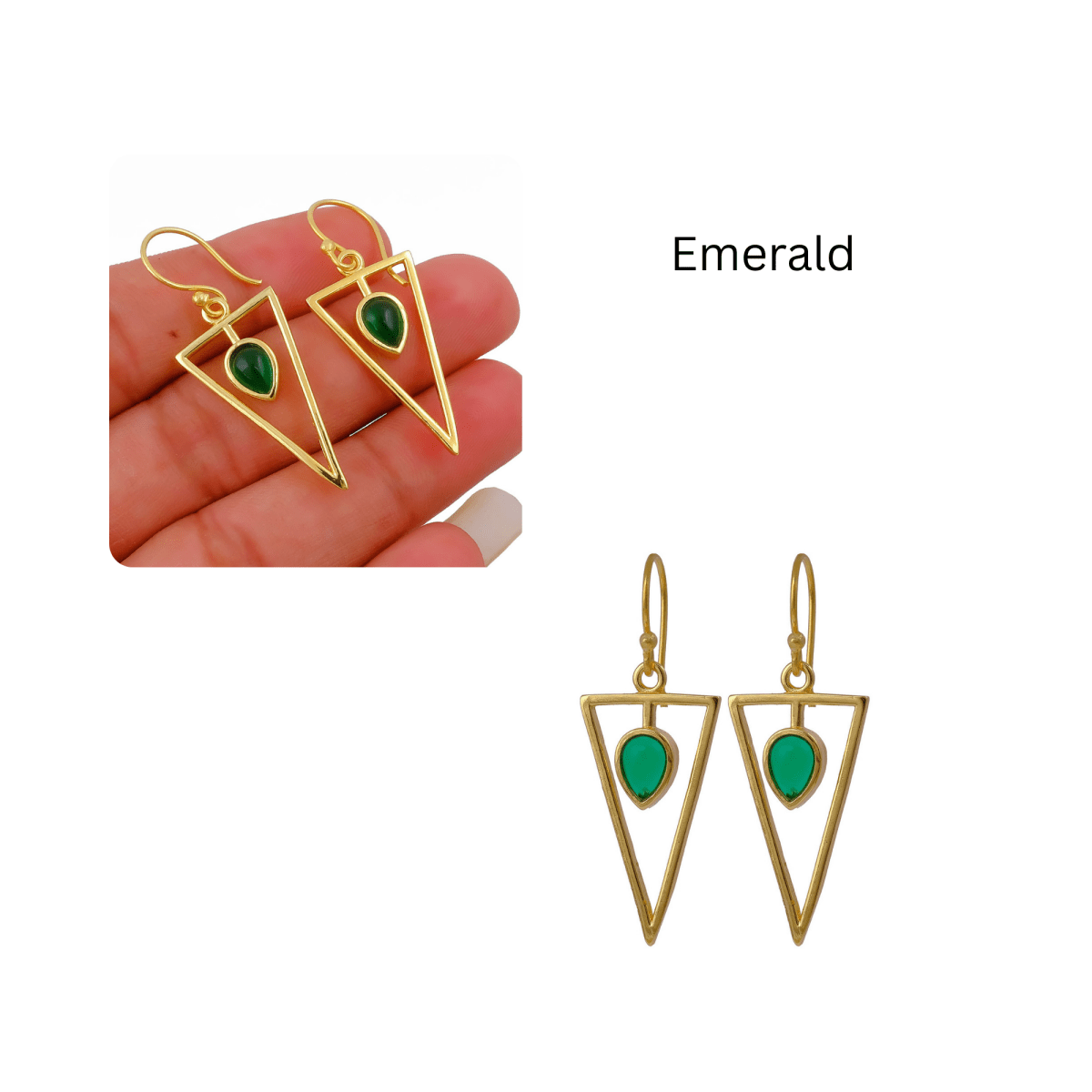 Boho Minimalist Gold Triangle Dangle Earrings, Teardrop Emerald Gemstone CE - 1032