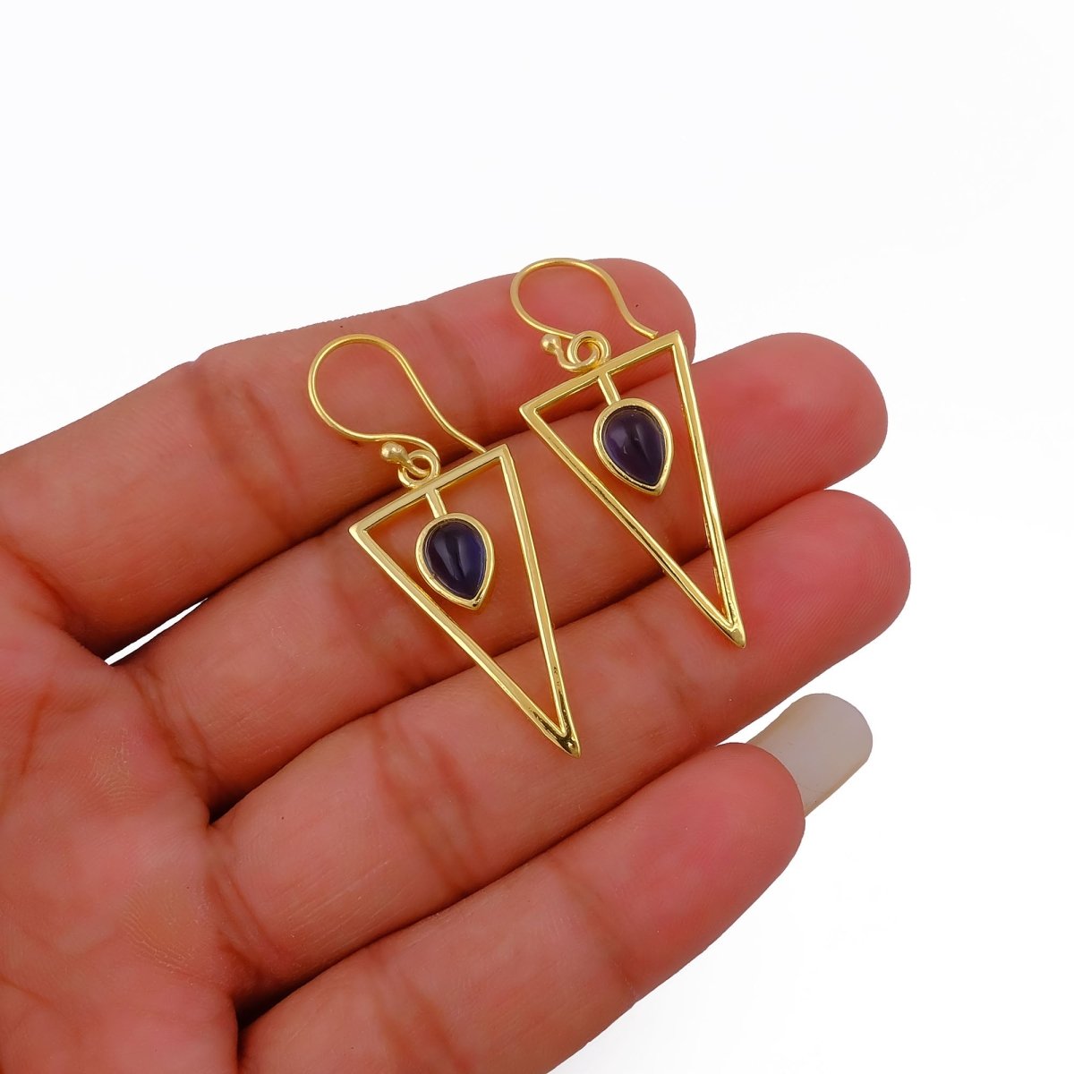 Boho Minimalist Gold Triangle Dangle Earrings, Teardrop Emerald Gemstone CE - 1032