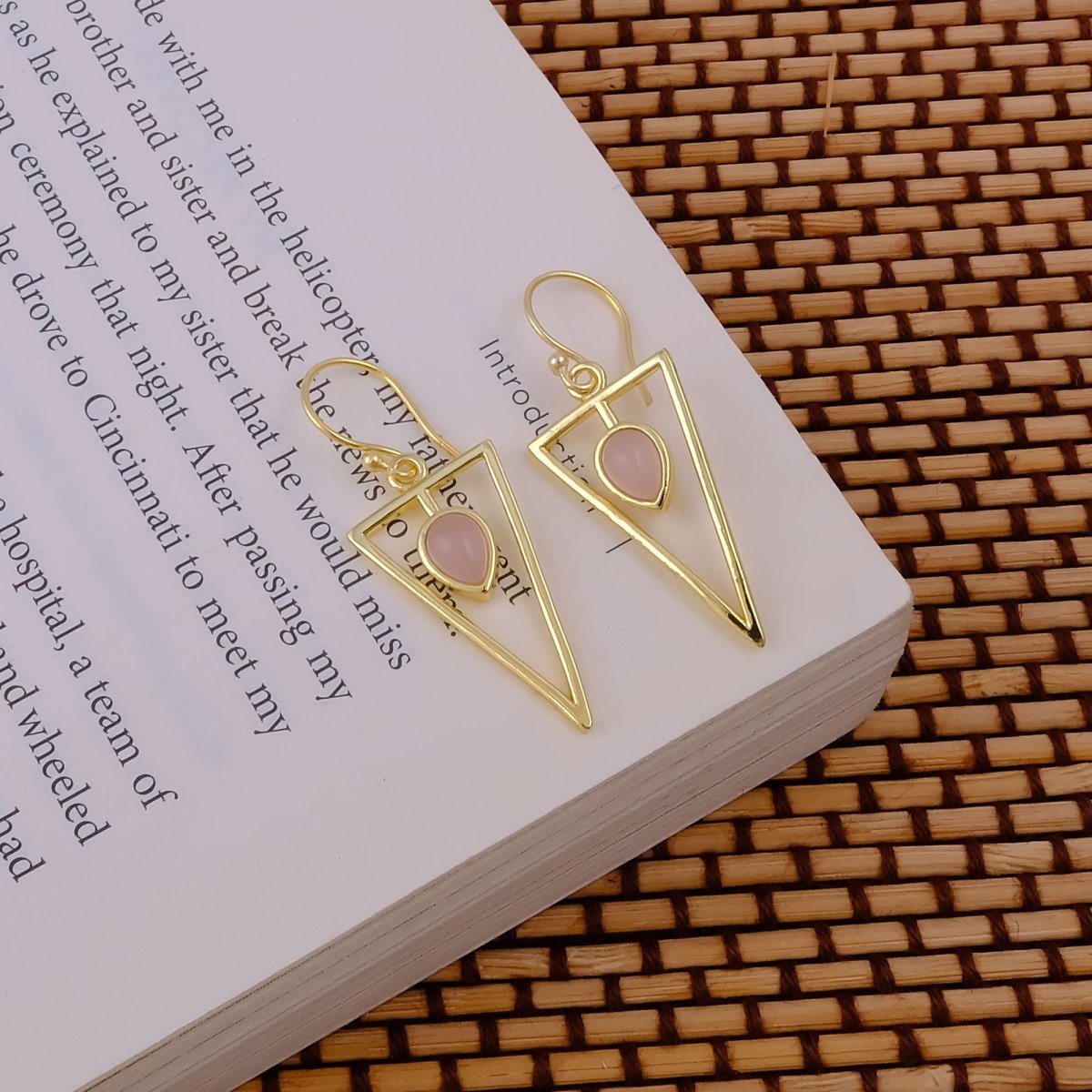 Boho Minimalist Gold Triangle Dangle Earrings, Teardrop Emerald Gemstone CE - 1032
