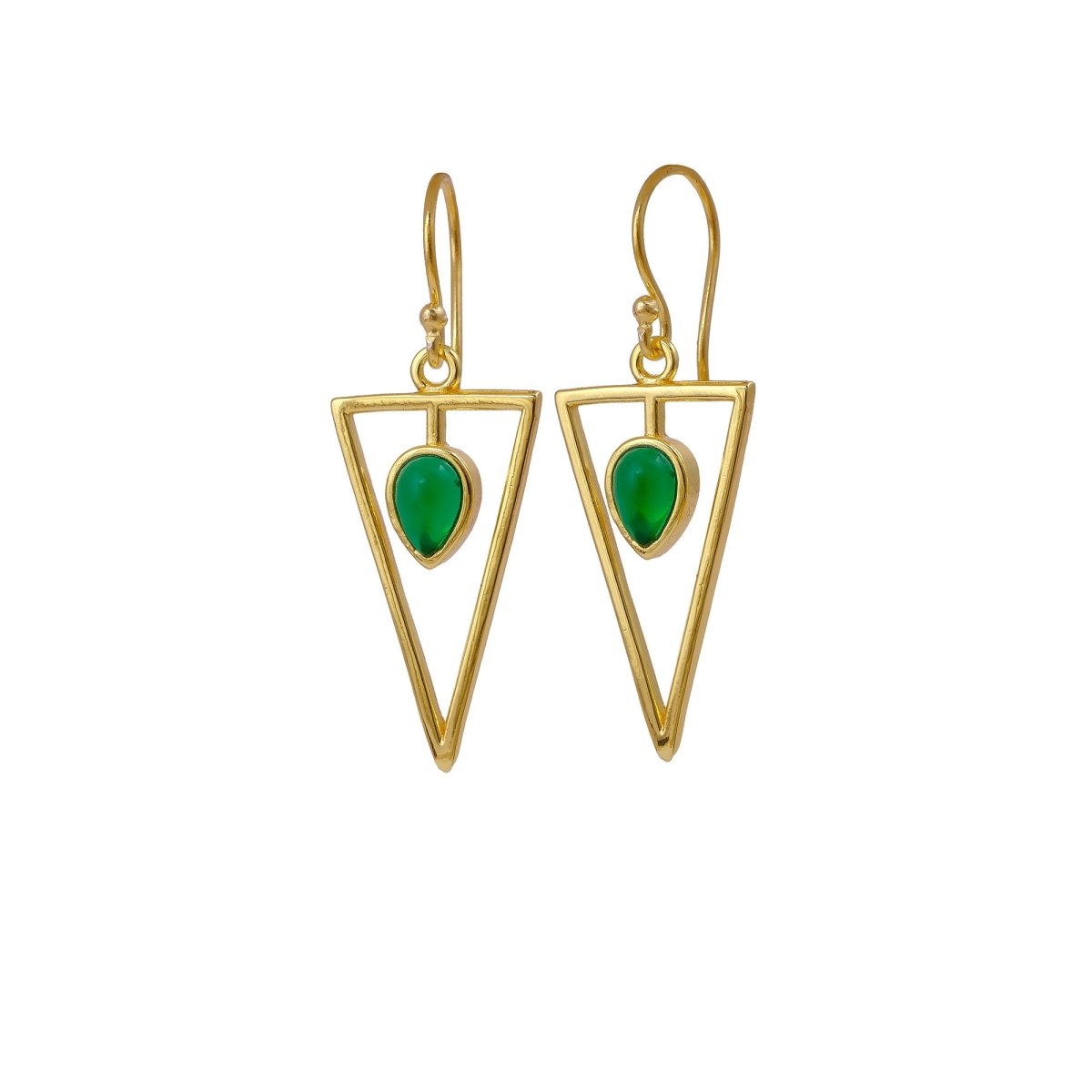 Boho Minimalist Gold Triangle Dangle Earrings, Teardrop Emerald Gemstone CE - 1032