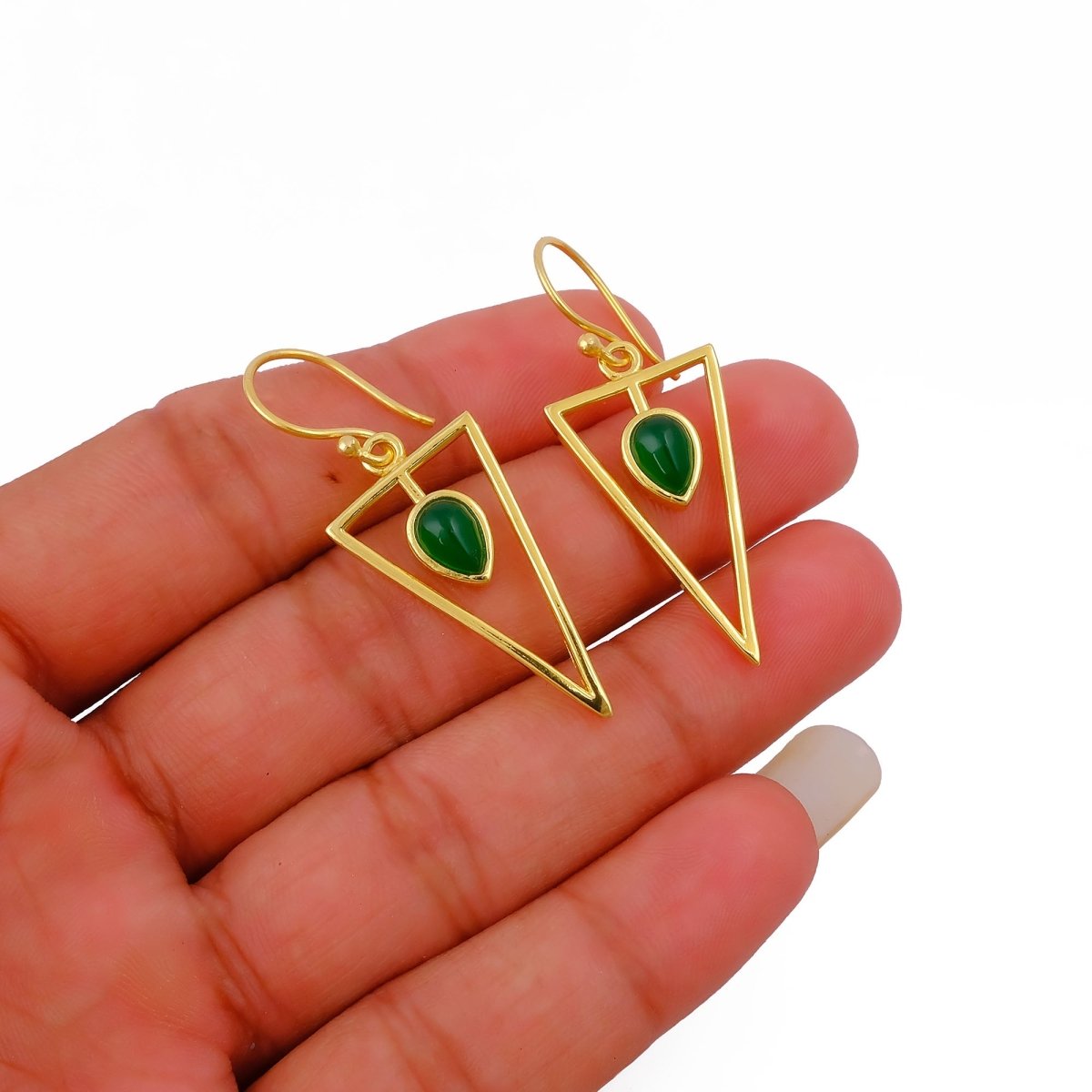 Boho Minimalist Gold Triangle Dangle Earrings, Teardrop Emerald Gemstone CE - 1032