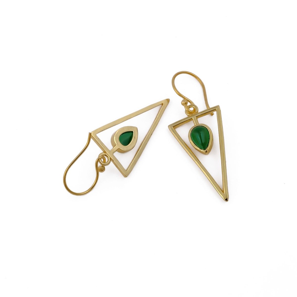 Boho Minimalist Gold Triangle Dangle Earrings, Teardrop Emerald Gemstone CE - 1032