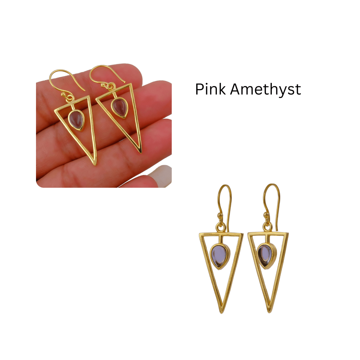 Boho Minimalist Gold Triangle Dangle Earrings, Teardrop Emerald Gemstone CE - 1032