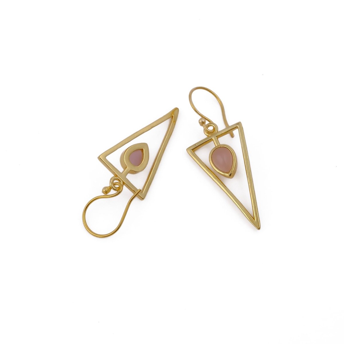 Boho Minimalist Gold Triangle Dangle Earrings, Teardrop Emerald Gemstone CE - 1032