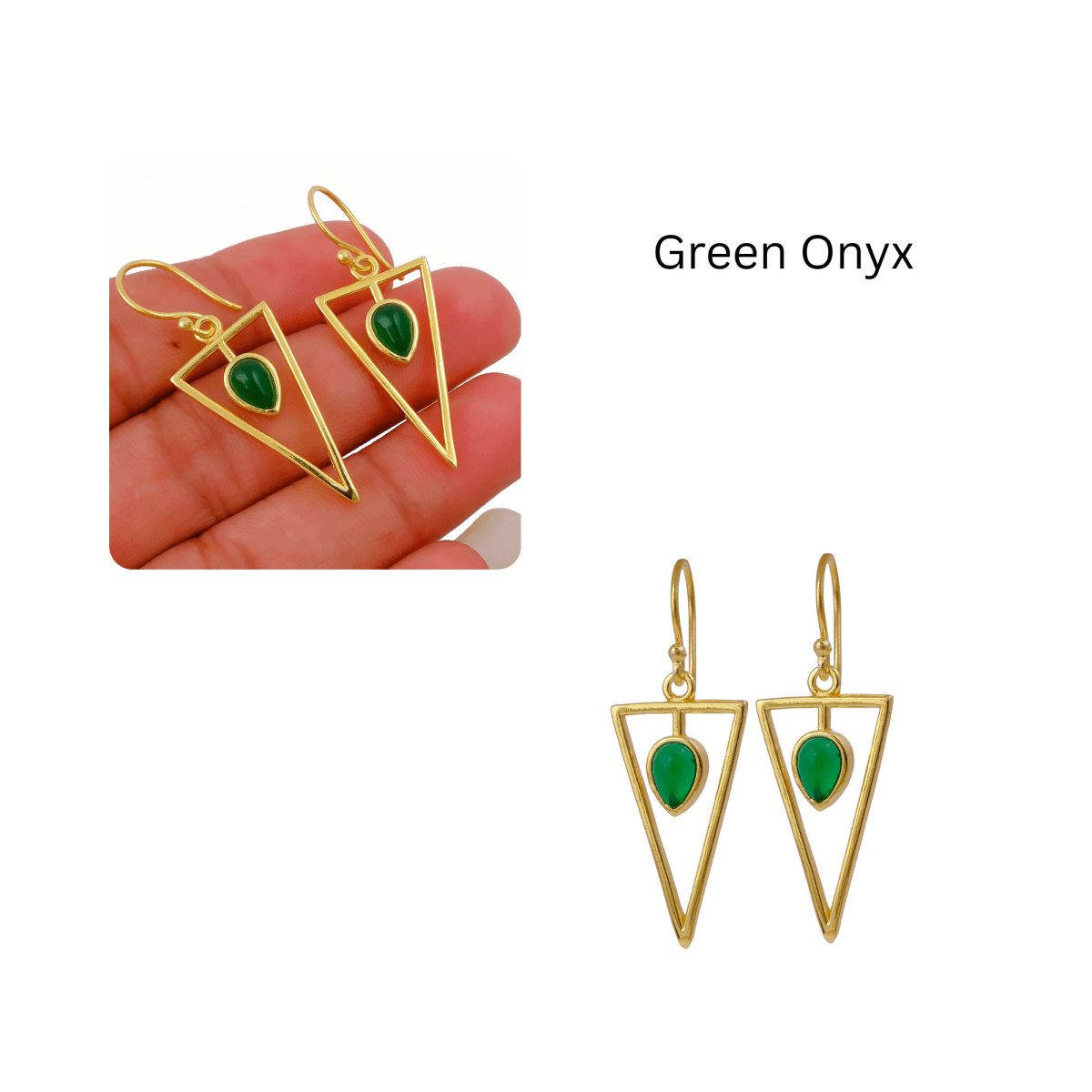 Boho Minimalist Gold Triangle Dangle Earrings, Teardrop Emerald Gemstone CE - 1032
