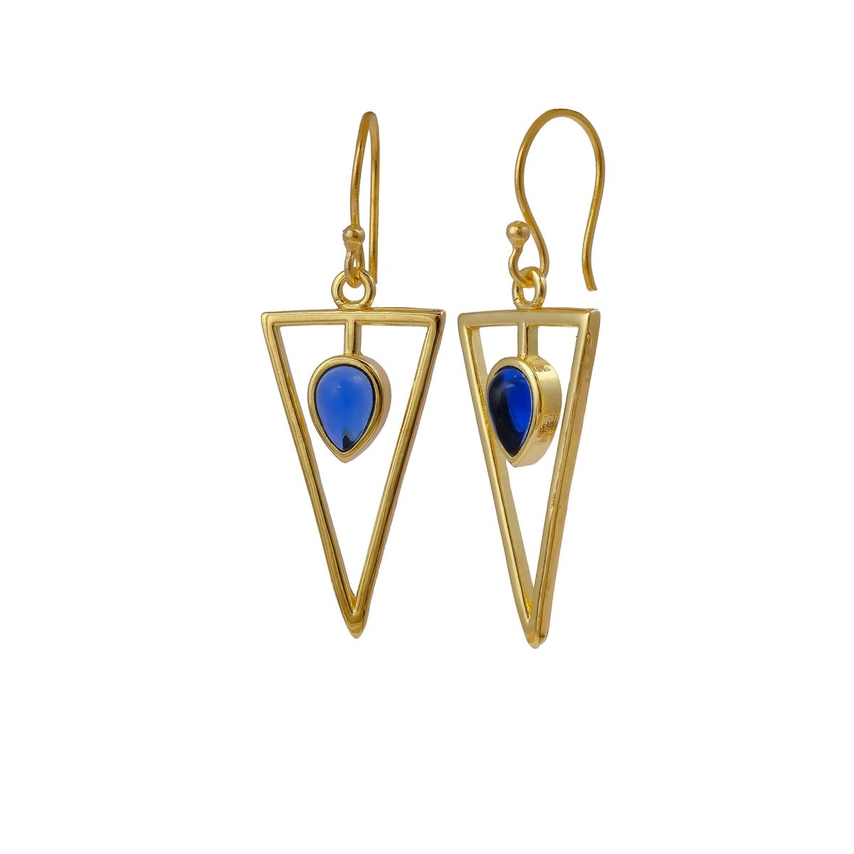 Boho Minimalist Gold Triangle Dangle Earrings, Teardrop Emerald Gemstone CE - 1032