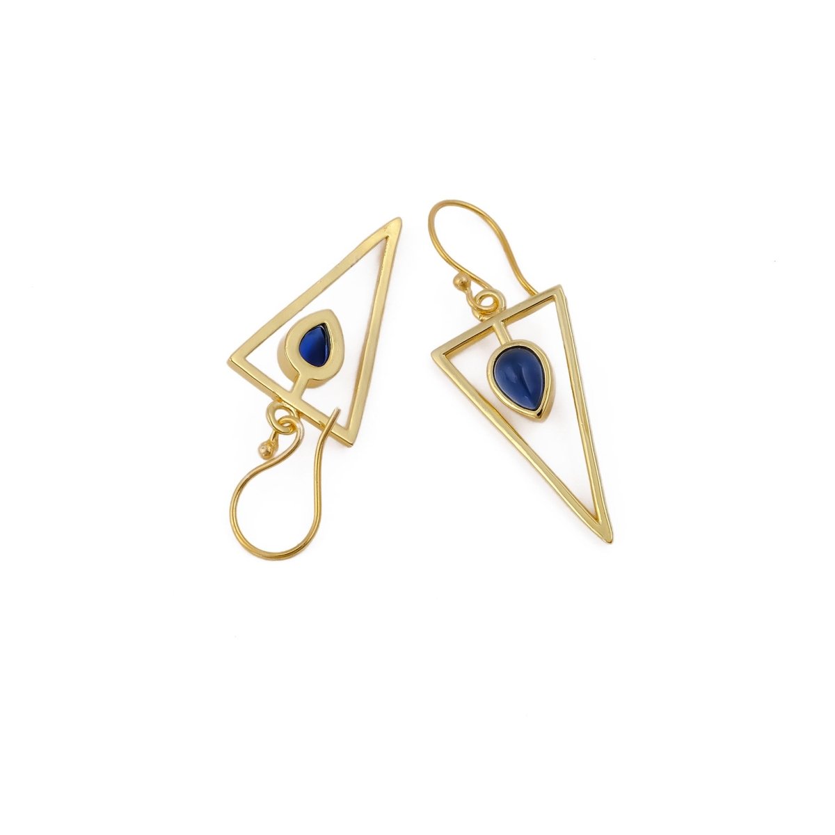 Boho Minimalist Gold Triangle Dangle Earrings, Teardrop Emerald Gemstone CE - 1032