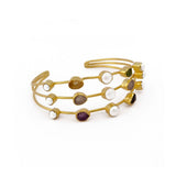Boho Raw Gemstone Open Cuff, Triple Strand Gold Plated Brass Bangle 3501