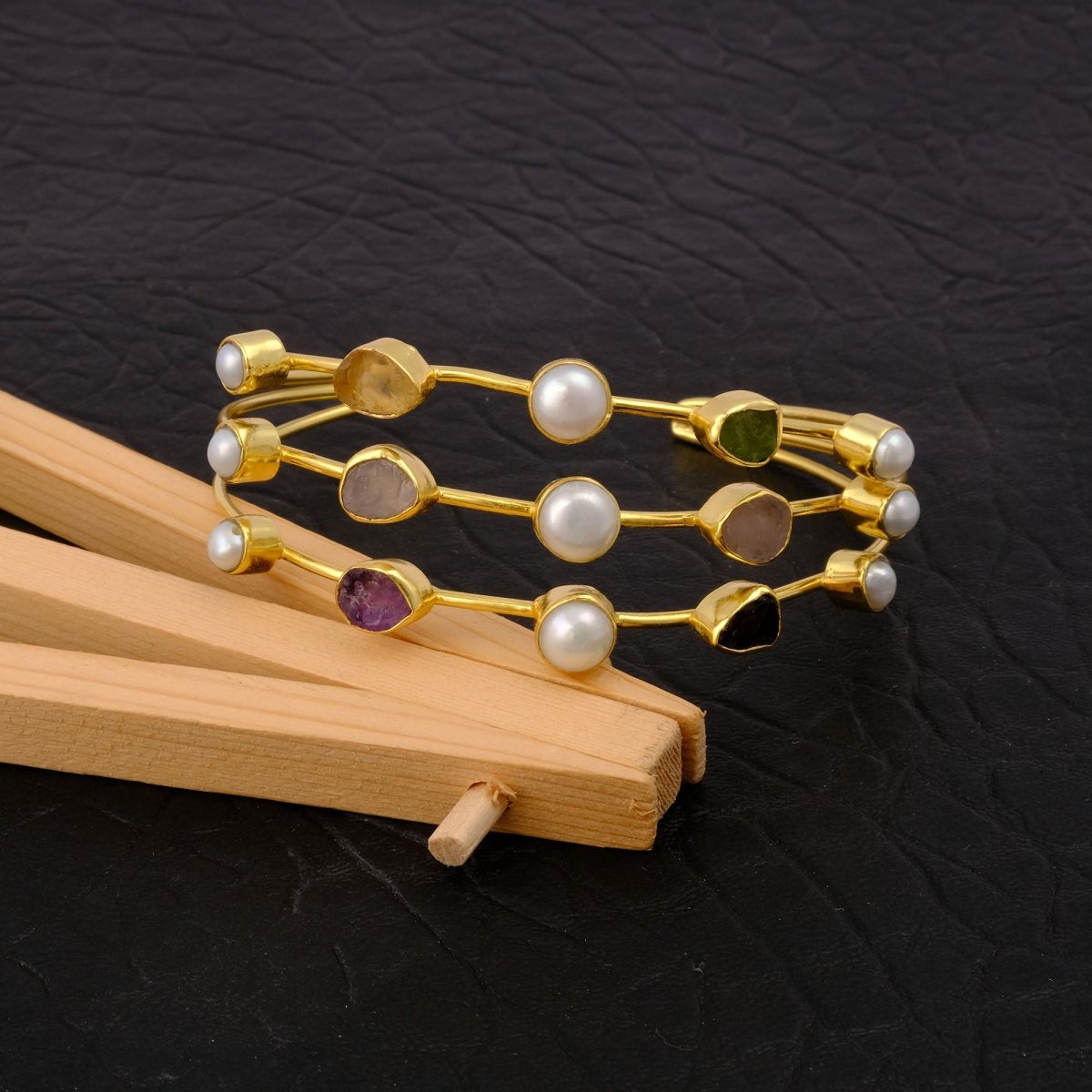 Boho Raw Gemstone Open Cuff, Triple Strand Gold Plated Brass Bangle 3501
