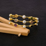 Boho Raw Gemstone Open Cuff, Triple Strand Gold Plated Brass Bangle 3501