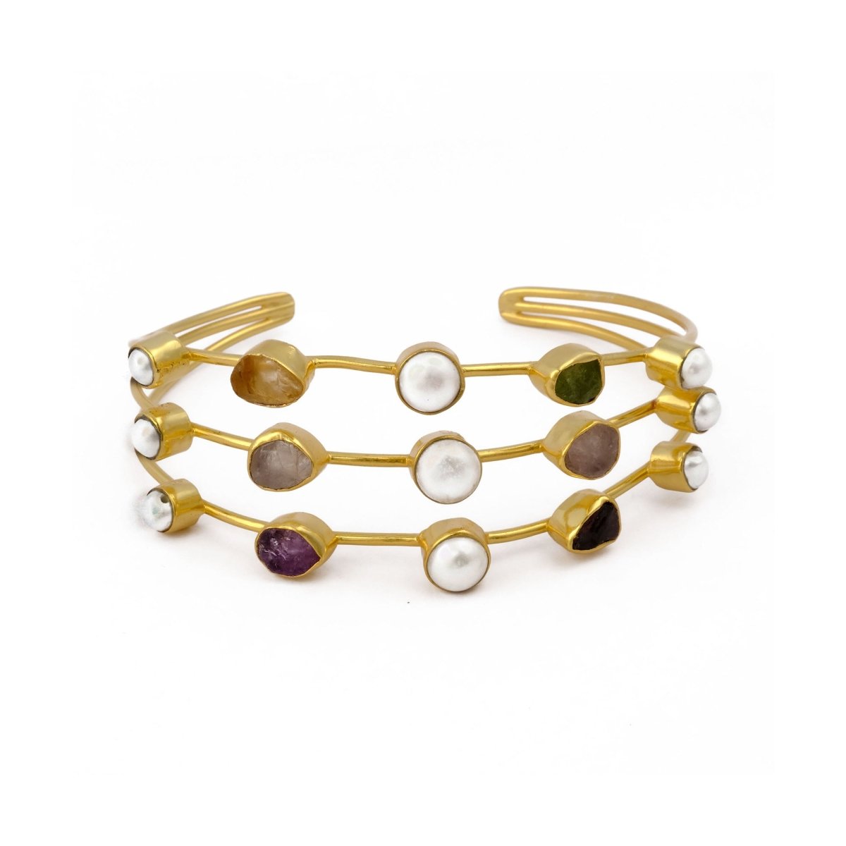 Boho Raw Gemstone Open Cuff, Triple Strand Gold Plated Brass Bangle 3501