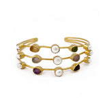 Boho Raw Gemstone Open Cuff, Triple Strand Gold Plated Brass Bangle 3501