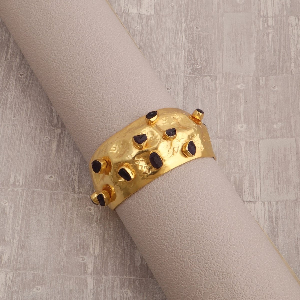 Boho Red Garnet Gemstone Statement Bangle, Textured Gold Plated Cuff Jewelry 5470