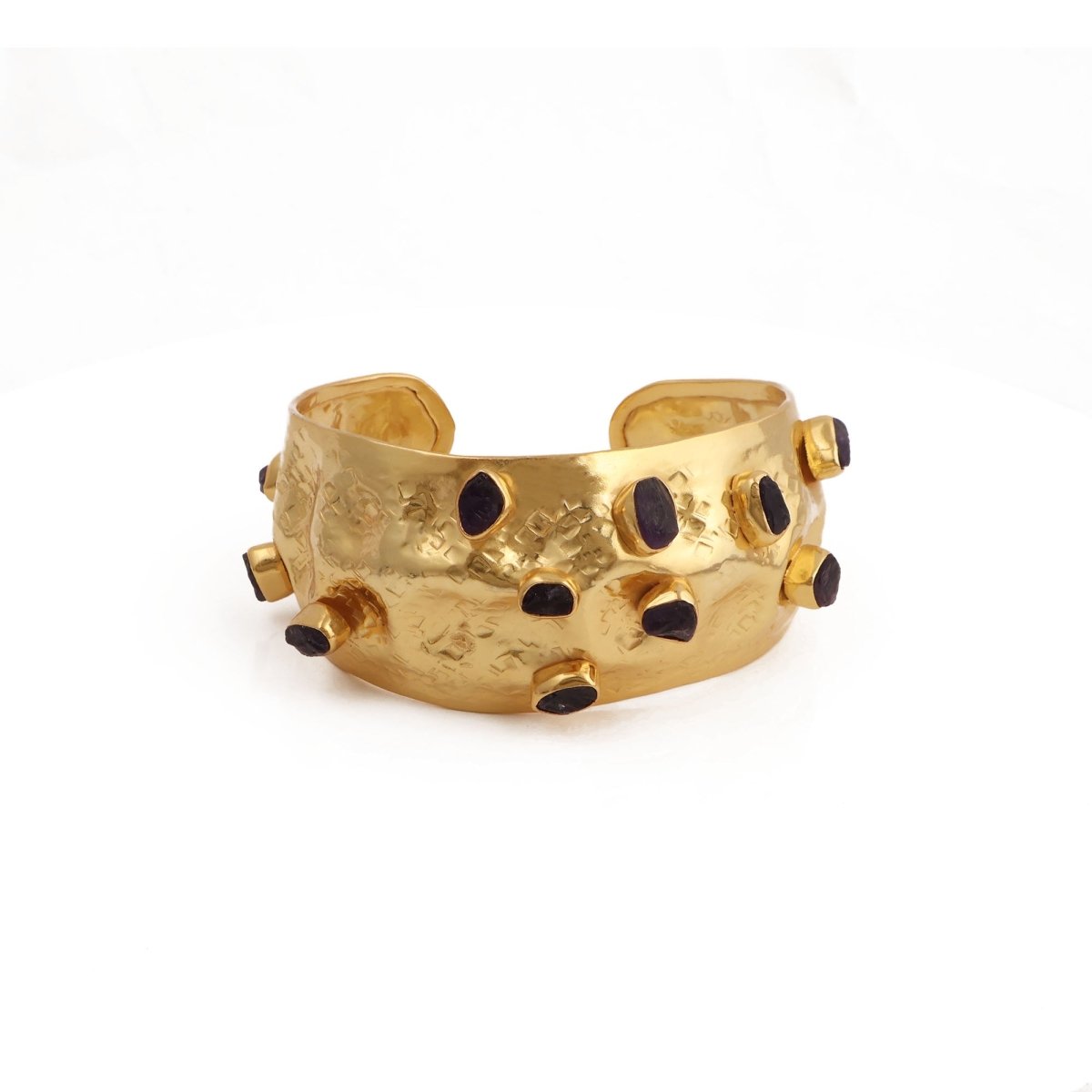 Boho Red Garnet Gemstone Statement Bangle, Textured Gold Plated Cuff Jewelry 5470