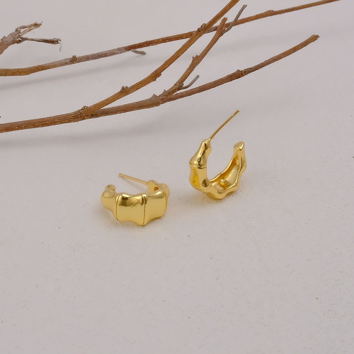 Bold Bamboo-Inspired Chunky Textured Gold Plated Hoop Earrings