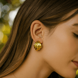 Bold Dome Shell Design Chunky Gold Plated Ribbed Statement Stud Earrings