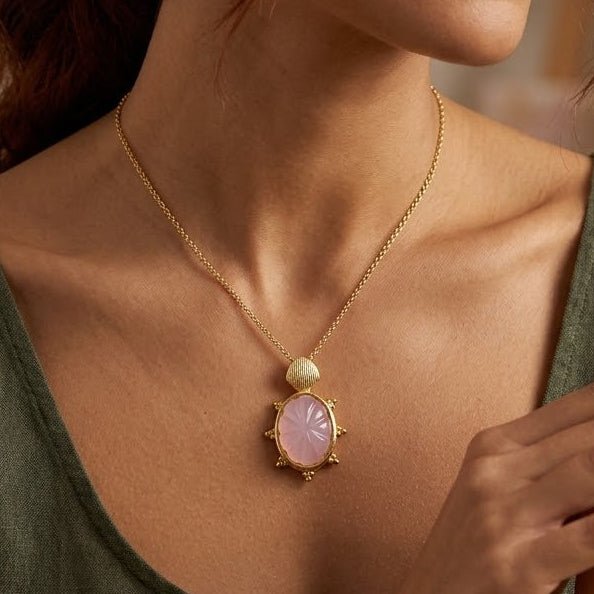 Carved Rose Quartz Tortoise Pendant Necklace, Gold Plated Floral Gemstone Jewelry 5373 Rose Quartz
